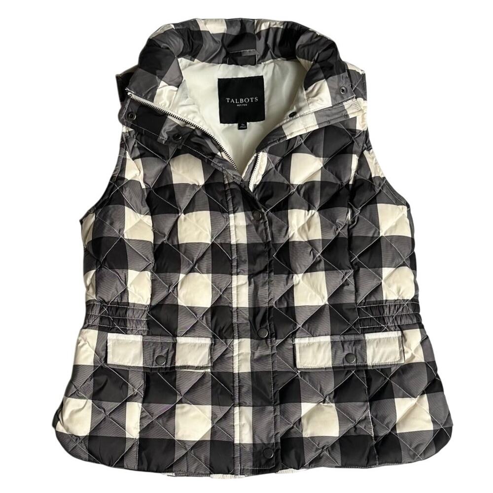 Talbots Women SP Black Ivory Buffalo Plaid Check Down Quilted Puffer Vest